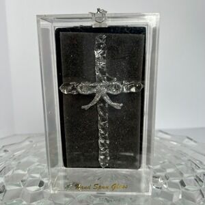 Hand Spun Glass Cross‎ Ornament w/ Bow Unique Treasures in Gift Box